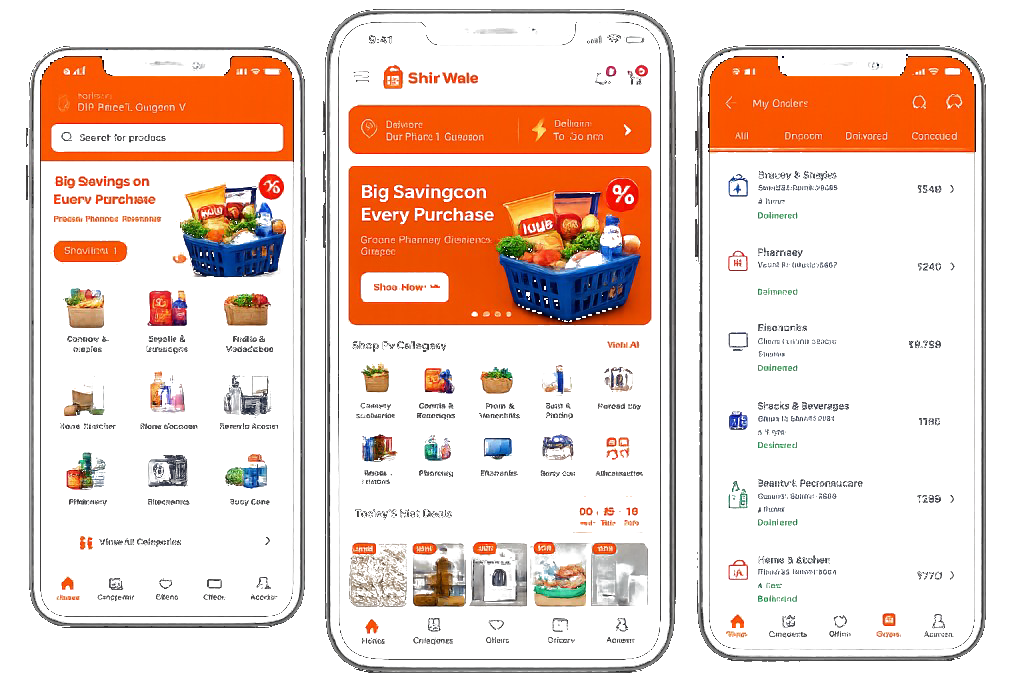 Shiv Wale mobile app — home, categories, and order tracking screens